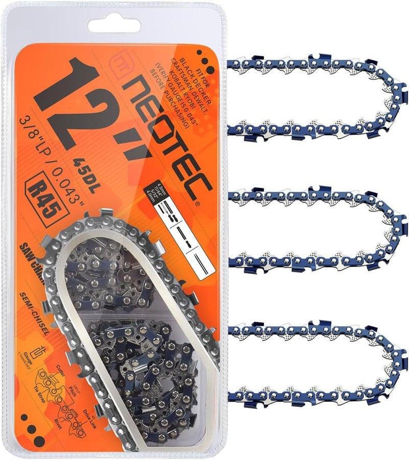 NEO-TEC 12 Inch Chainsaw Chain, 3/8"LP Pitch,0.043" Gauge 45 Drive Links R45 Chain Fits for Dewalt Craftsman Makita and more（3chains） - Image 1